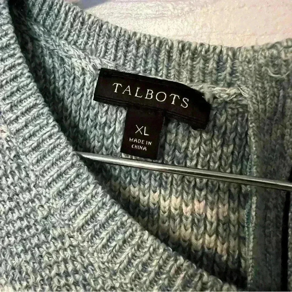 Talbots Striped Crew Neck Sweater with Zipper Size XL, Blue Green Cream - Picture 2 of 4